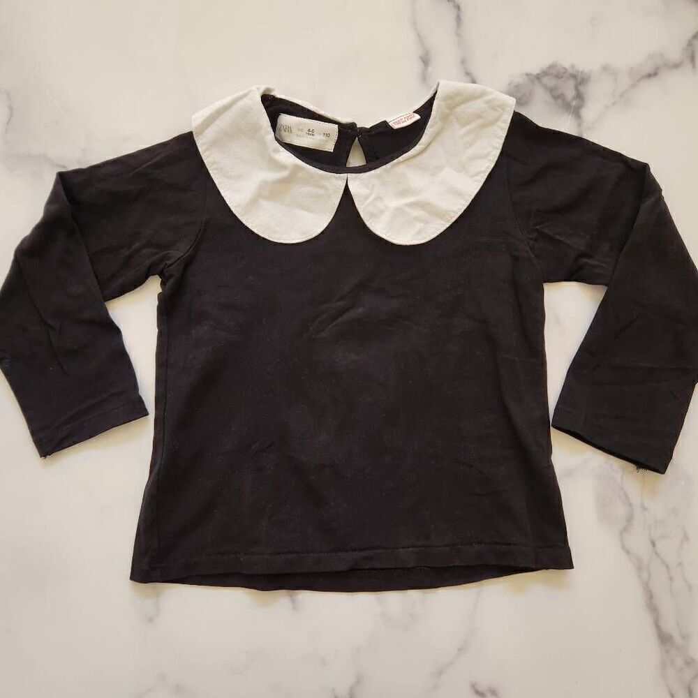 Zara girls 4-5 year black long sleeve French style shirt white Peter Pan collar